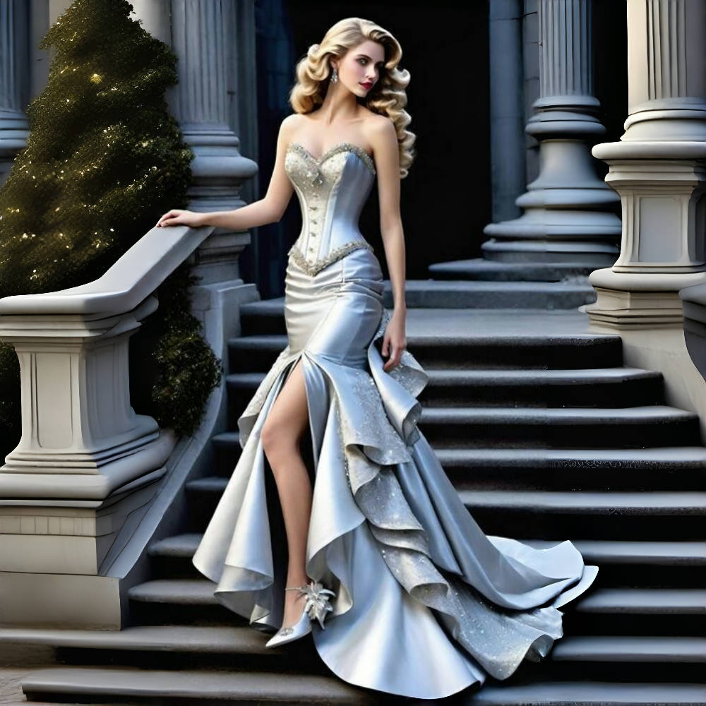 Elegant Silver Mermaid Prom Dresses Sweetheart Corset Long Satin Evening Gowns Beaded Appliques Side Slit Formal Dress For Ladies