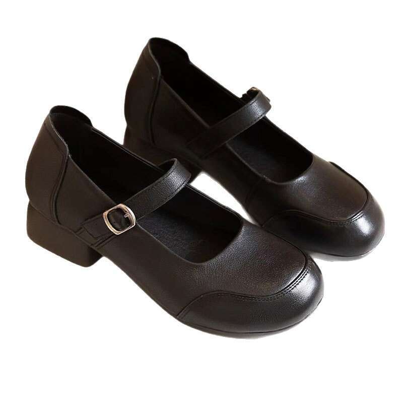 2025 Genuine Leather Summer Women's Shallow Mary Jane Thick Heel Soft Sole Versatile Fashionable Breathable Single Shoes for Moms