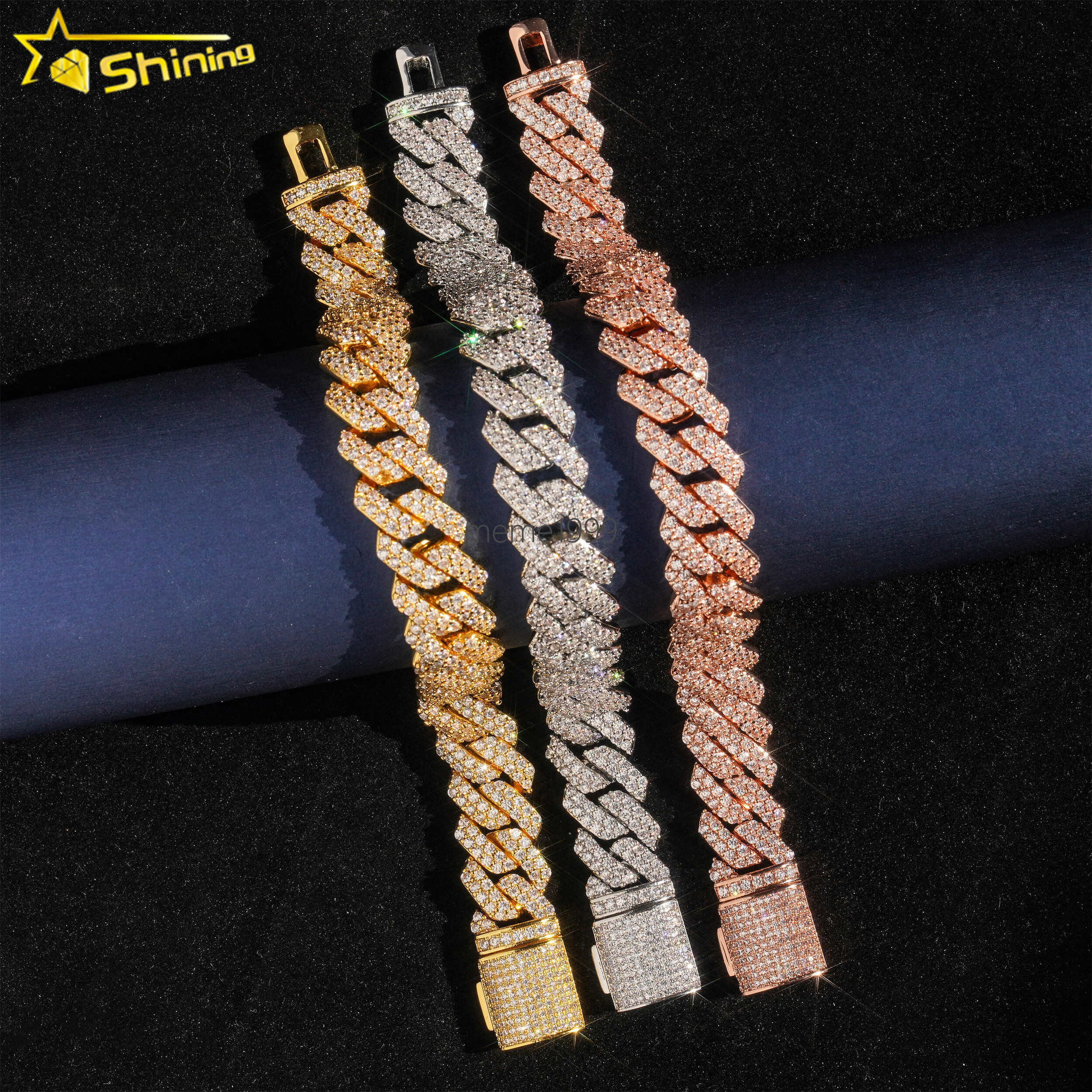 Fast Shipping Hip Hop Fashion Cuban Link Chain 14MM Width Gold Plated moissanite Diamond Cuban Link Bracelets