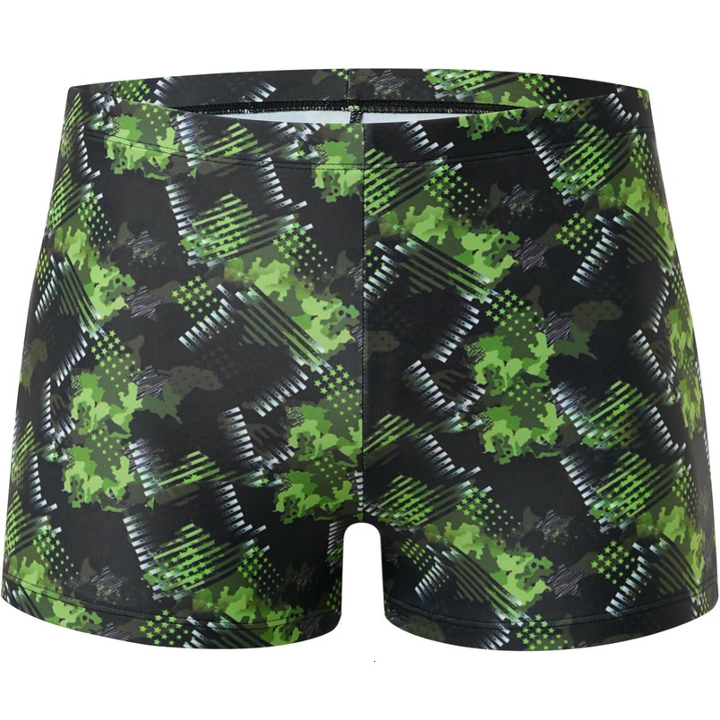 Swimsuits for Swimming,Swim Jammer Men Square Legs UPF50 +, Trunks with Drawstring (Black Green Printed 2XL)