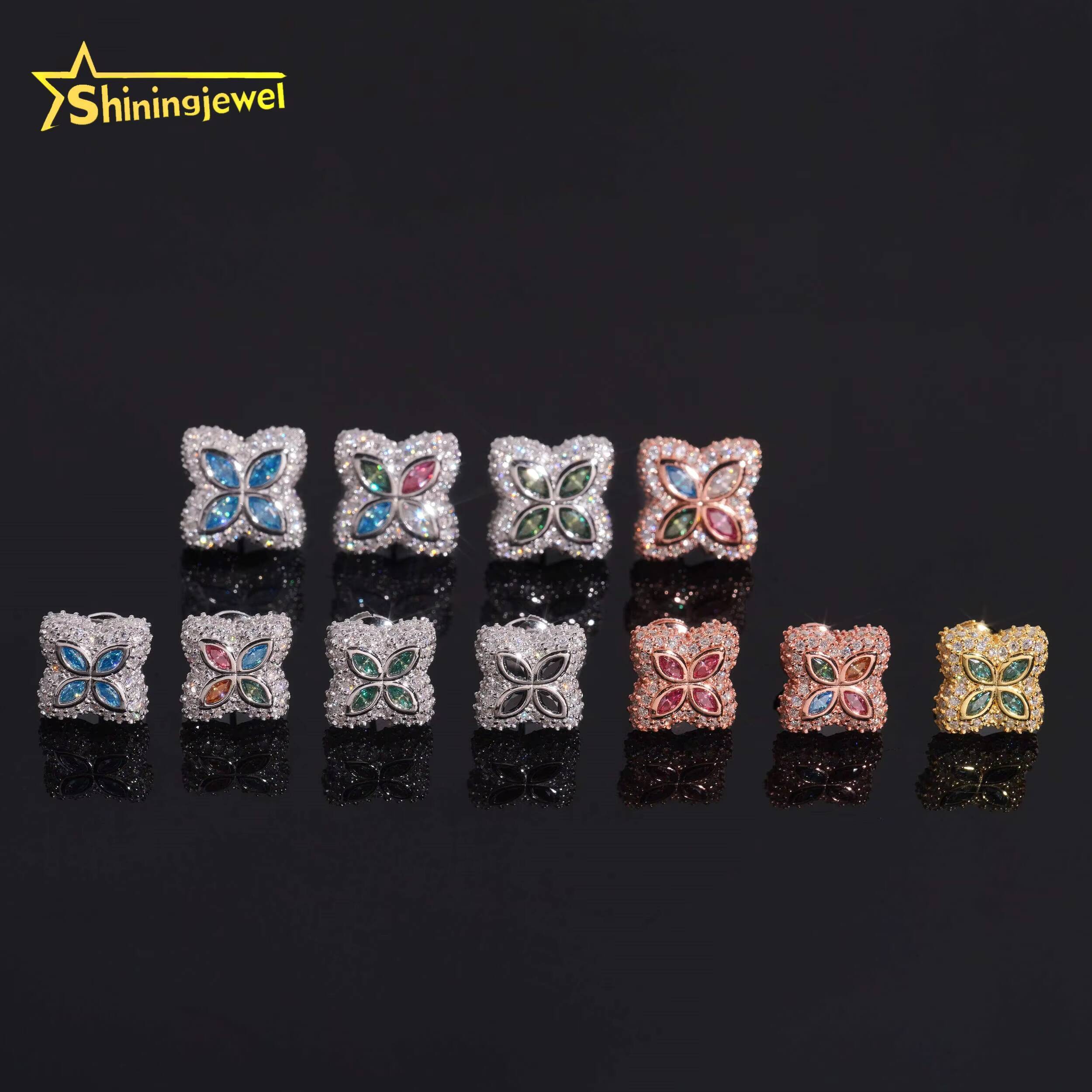 925 Sterling Silver Colored Clover Earrings Moissanite Screw Back Fine Jewelry Men Women Iced Out Moissanite Earrings Daily Wear