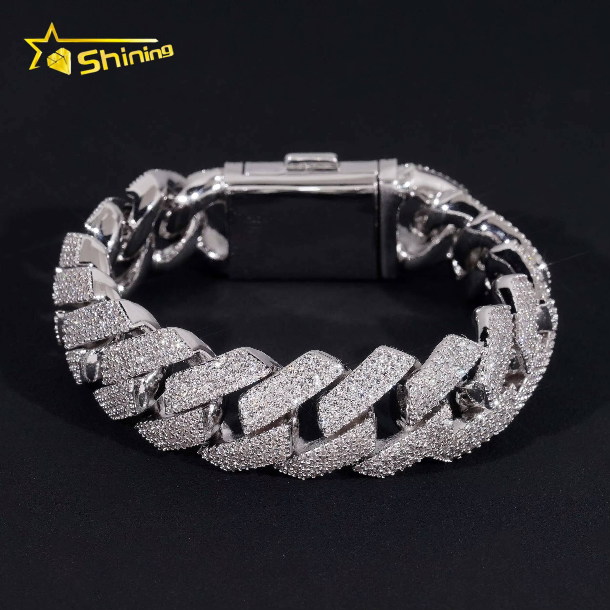 Custom Luxury Iced Out Hip Hop Moissanite Diamond Miami Big Chain 20MM Width 925 Silver Cuban Link Chain Bracelet Gor Men