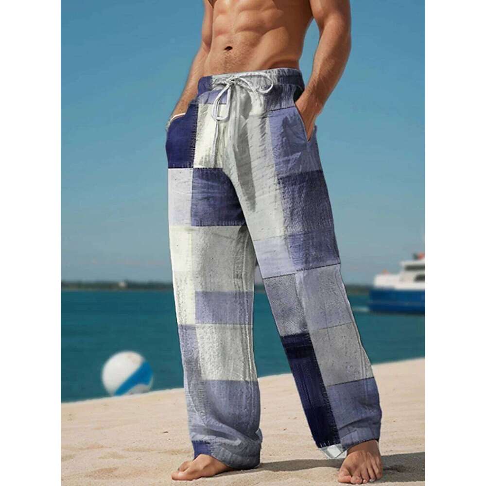 Plaid Color Block Men's Resort 3D Printed Casual Trousers Elastic Waist Fit Straight-Leg Pant Summer Beach Pants 6XL
