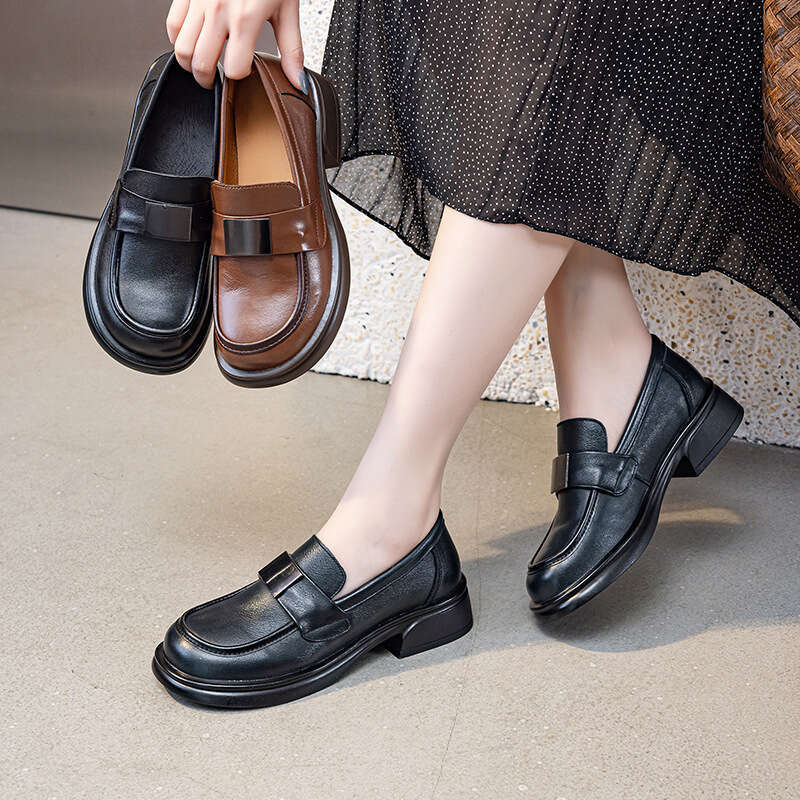 Top Layer Cowhide 2025 Summer Autumn New Genuine Leather Versatile Thick Sole Height Increasing British Style Chunky Heel Loafers Women's Single 