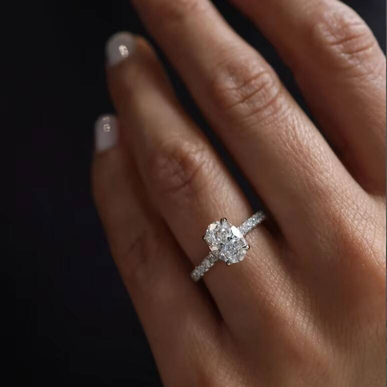 14K White Moissanite Engagement Ring 3 Carats Oval Shape VVS Diamond Micropaved Side Stones Paved Moissanite Ring