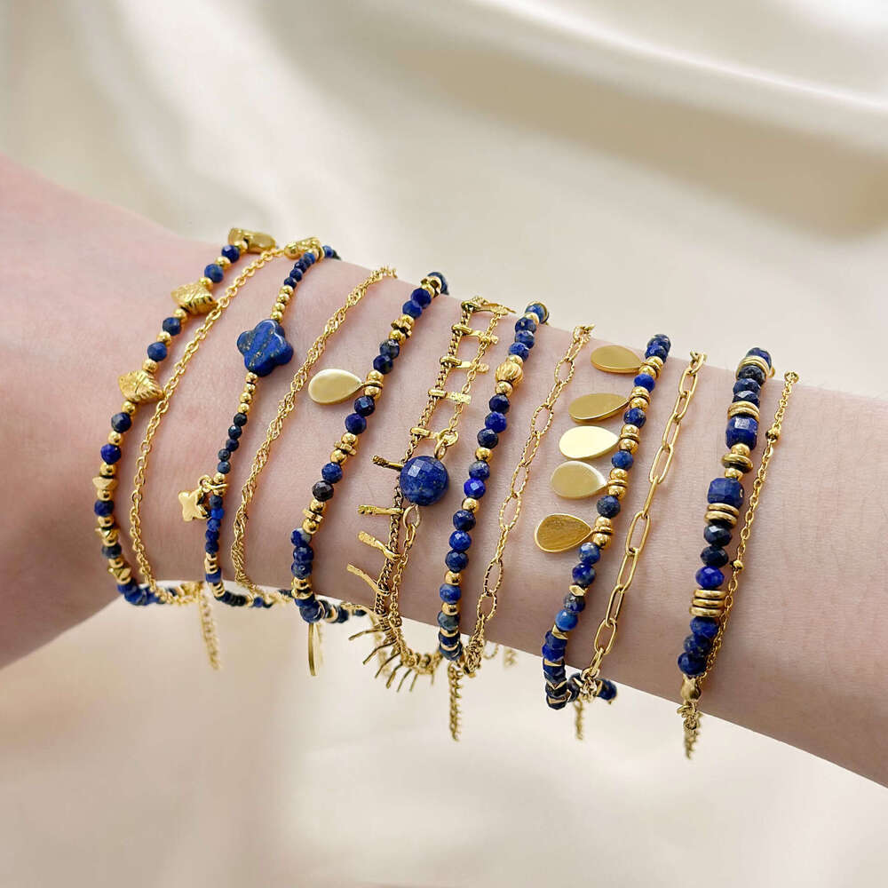 Ins Style Designer Lapis Lazuli French Design Natural Stone Bracelet Stainless Steel Gold-Plated Jewelry
