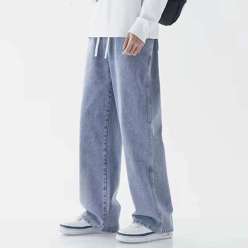 Korean Solid Colors Men's Casual Long Jeans Classic Man Four Seasons Straight Denim Wide-leg Pants Light Blue Grey Black S-3XL
