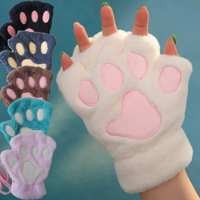 Winter Glove Bear Plush Cat Paw Claw Gloves Cute Kitten Fingerless Mittens Christmas Halloween for Girls Gift 250811