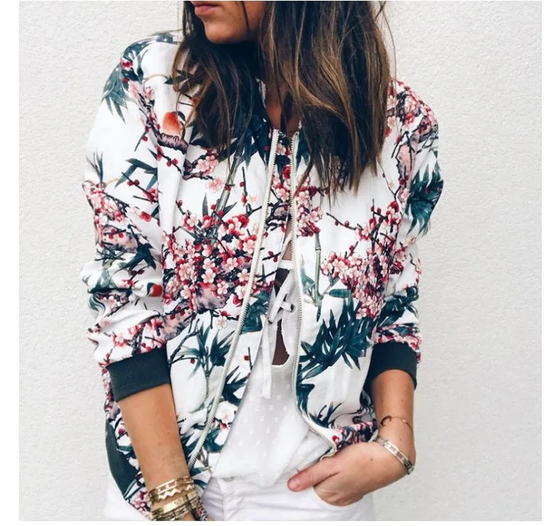 Women Elegant Zipper Bomber Jacket Spring Autumn Floral Printed Jackets Office Wear Slim Coat Retro Outwear 250815