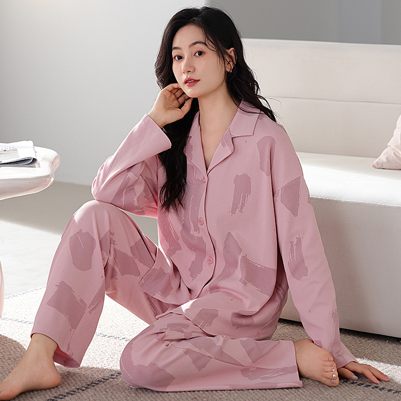 B1015-Pure cotton pajamas women's spring and autumn long-sleeved cardigan autumn and winter women's casual suit loose large size