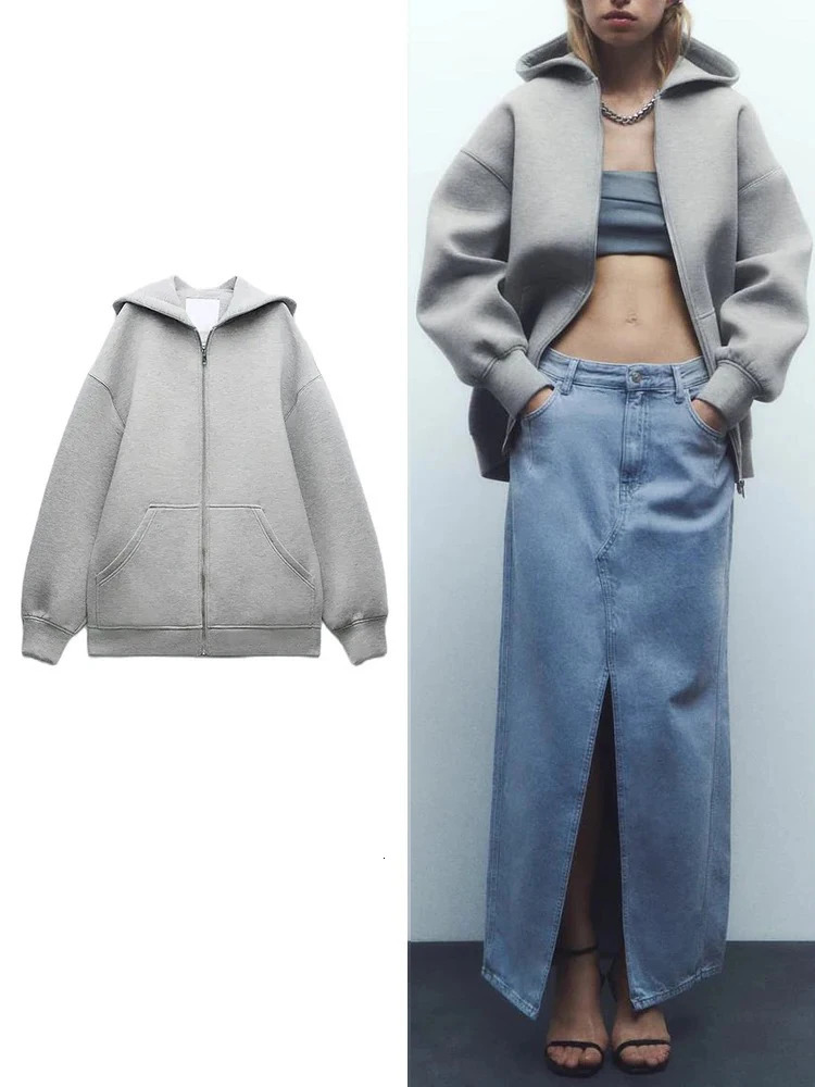 ZABA Womens Versatile Hooded Zip Long Sleeve Loose Jacket Fashion Oversized Casual Top Sweatshirt Street Basic Sports Wear 250815