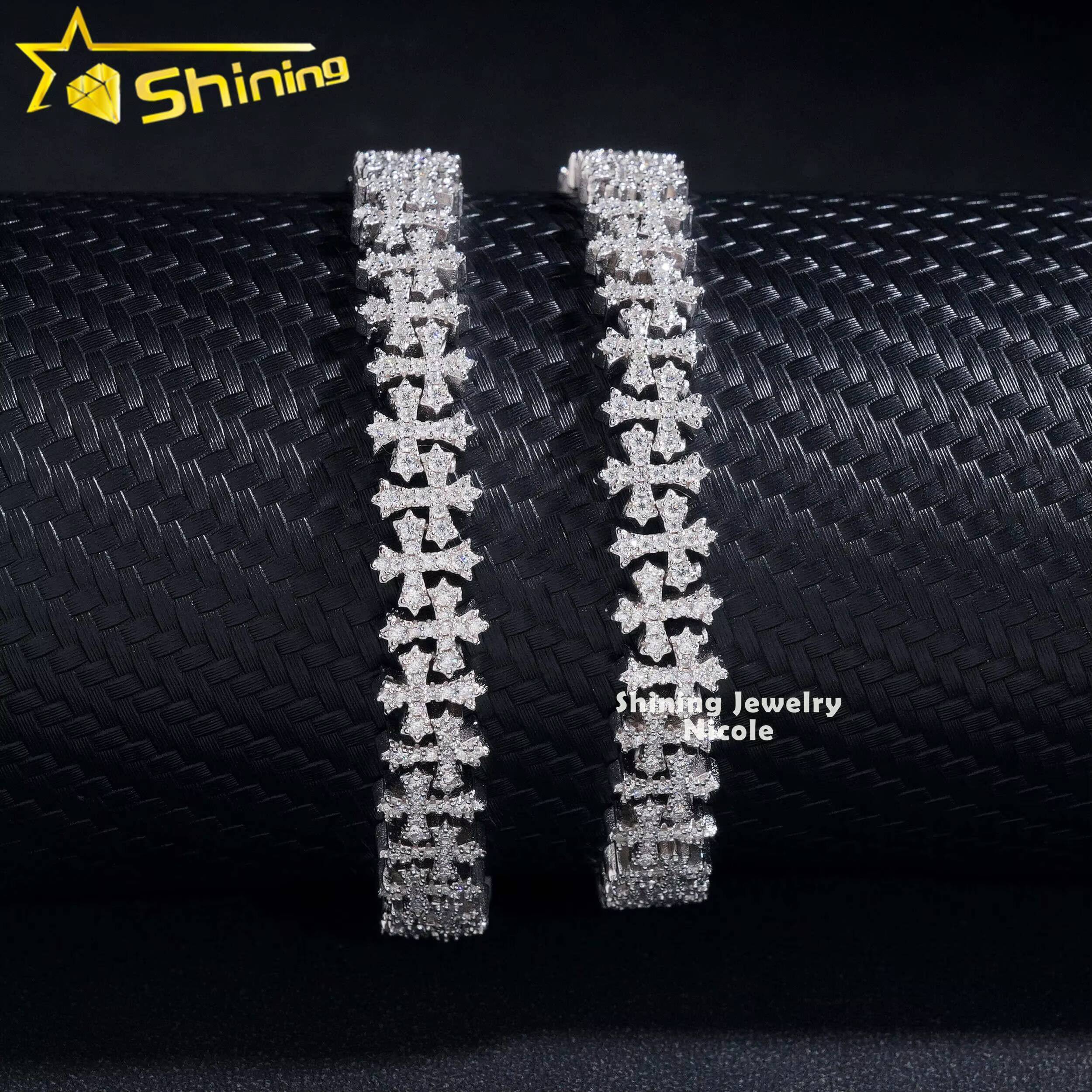 Wholesale Price 925 Sterling Silver GRA Certificate 8MM Cross Moissanite Diamond Cuban Link Chain Bracelet