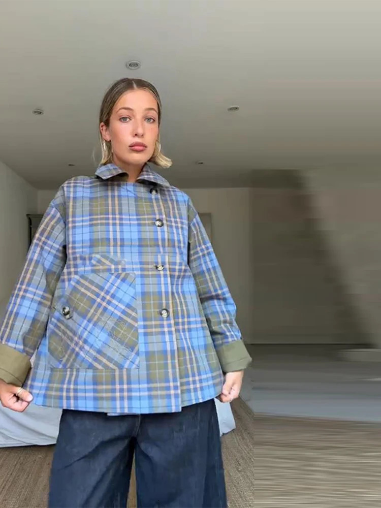 Vintage Plaid Reversible TwoWay Coat Jacket Womens Oversized Long Sleeve Loose Fit Lapel Outerwear Chic Autumn Casual Outfit 250815