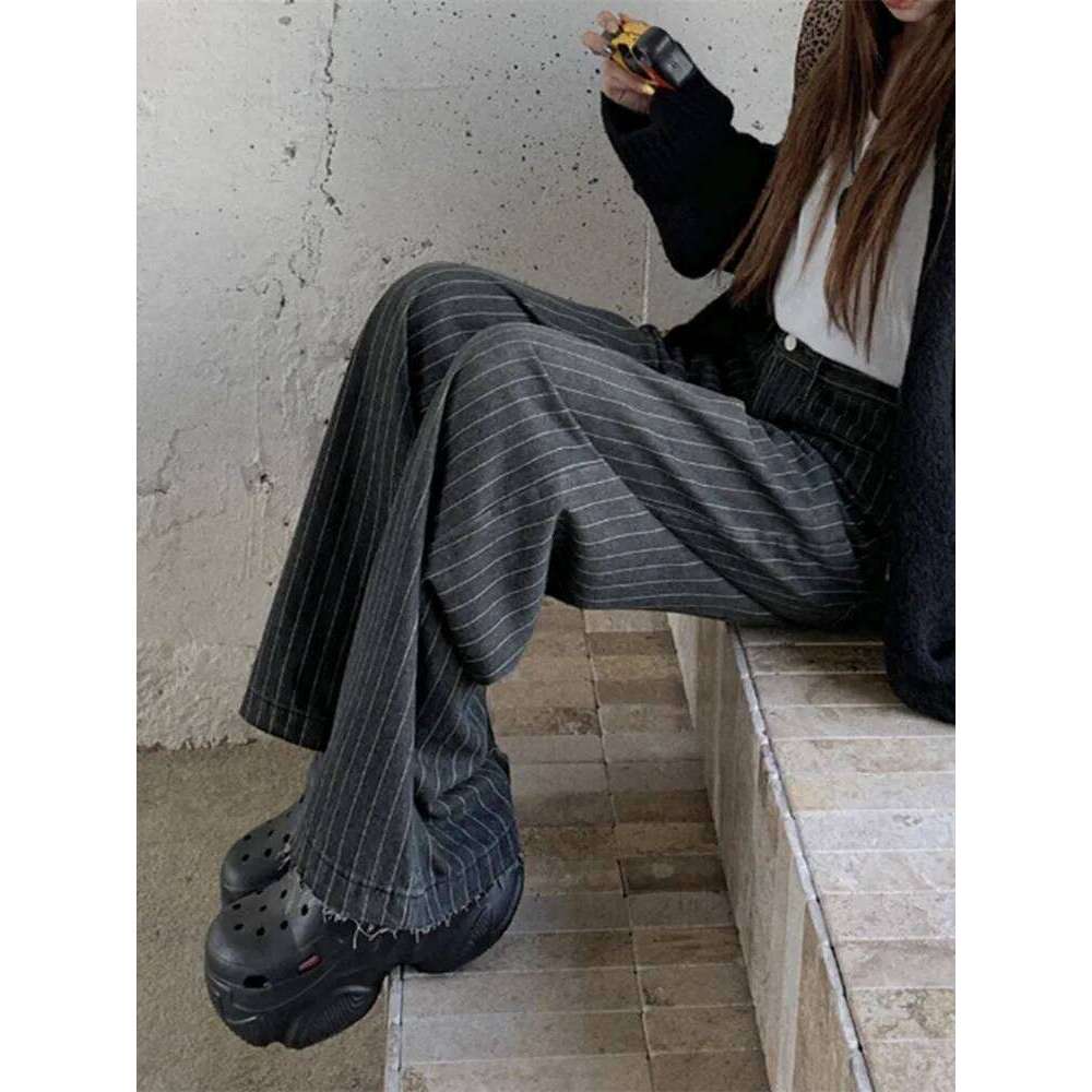 2024 Ropa Y2K Fashion Vintage Striped Wide Leg Baggy Jeans Pants For Women Clothes Straight Washed Black Casual Lady Trousers