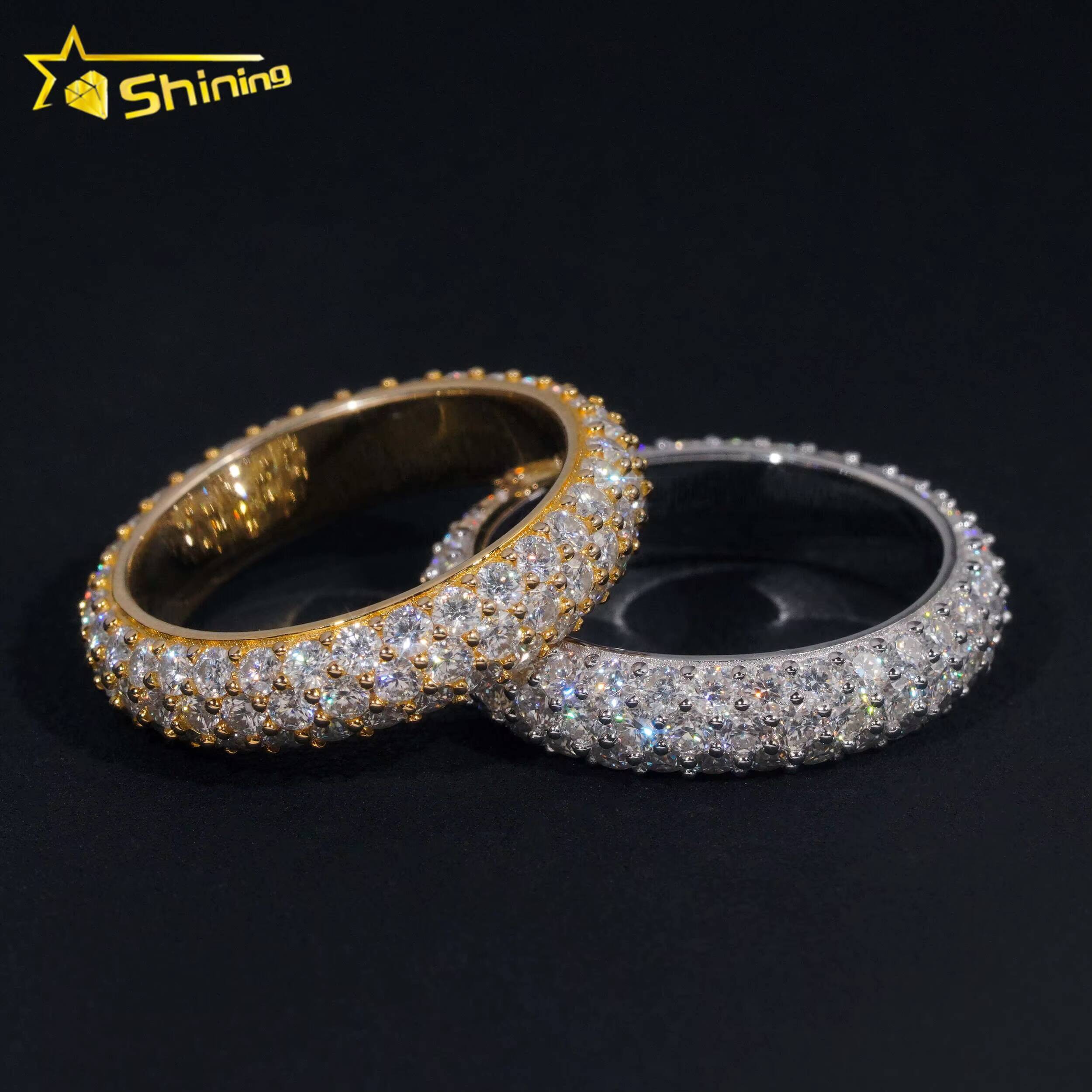 Factory Stock GRA Certified Solid 925 Sterling Silver Gold Plated Fine Jewelry Fully Iced Out 3 Rows Moissanite Band Ring