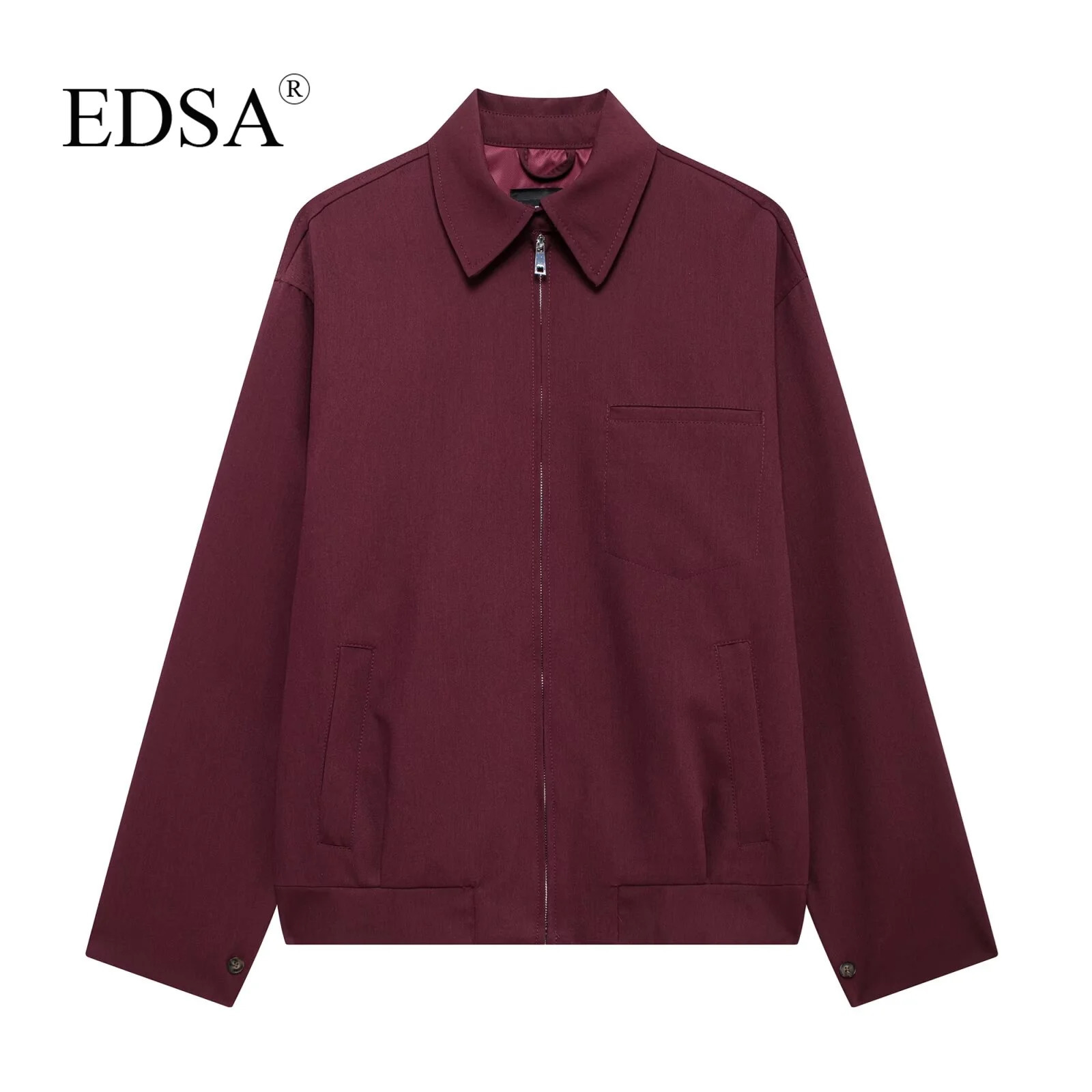 EDSA Women Vintage Loose Zipper Jacket Lapel Burgundy Color 2024 Autumn Fashion Versatile Street Outwear 250815
