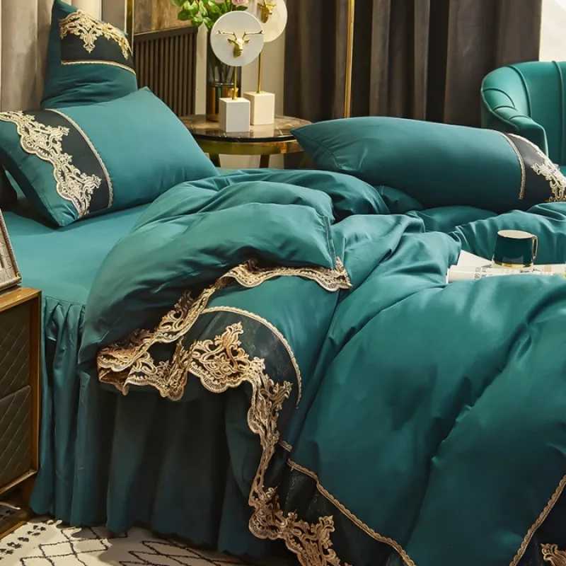 Nordic style bed skirt four piece set Korean version brushed girls heart duvet set bed skirt double home bedding four piece set Y250819