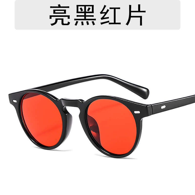 Designer Small Round Frame Rice Ding Style Sunglasses for Men with Metal Hinges, Glossy Black Ocean Lens Glasses