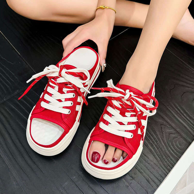 2025 Summer New Thick-Soled Half Slippers for Women, Fashionable and Versatile Outdoor Wear, Height-Increasing Canvas Casual Internet Celebrity Sandal