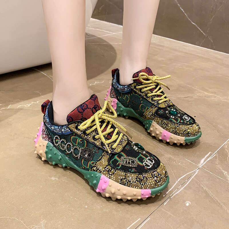 2023 Spring Heavy Craft Full Diamond Color Block Fashion Women's Dad Shoes High Top Thick Sole Height Increasing Letter Casual