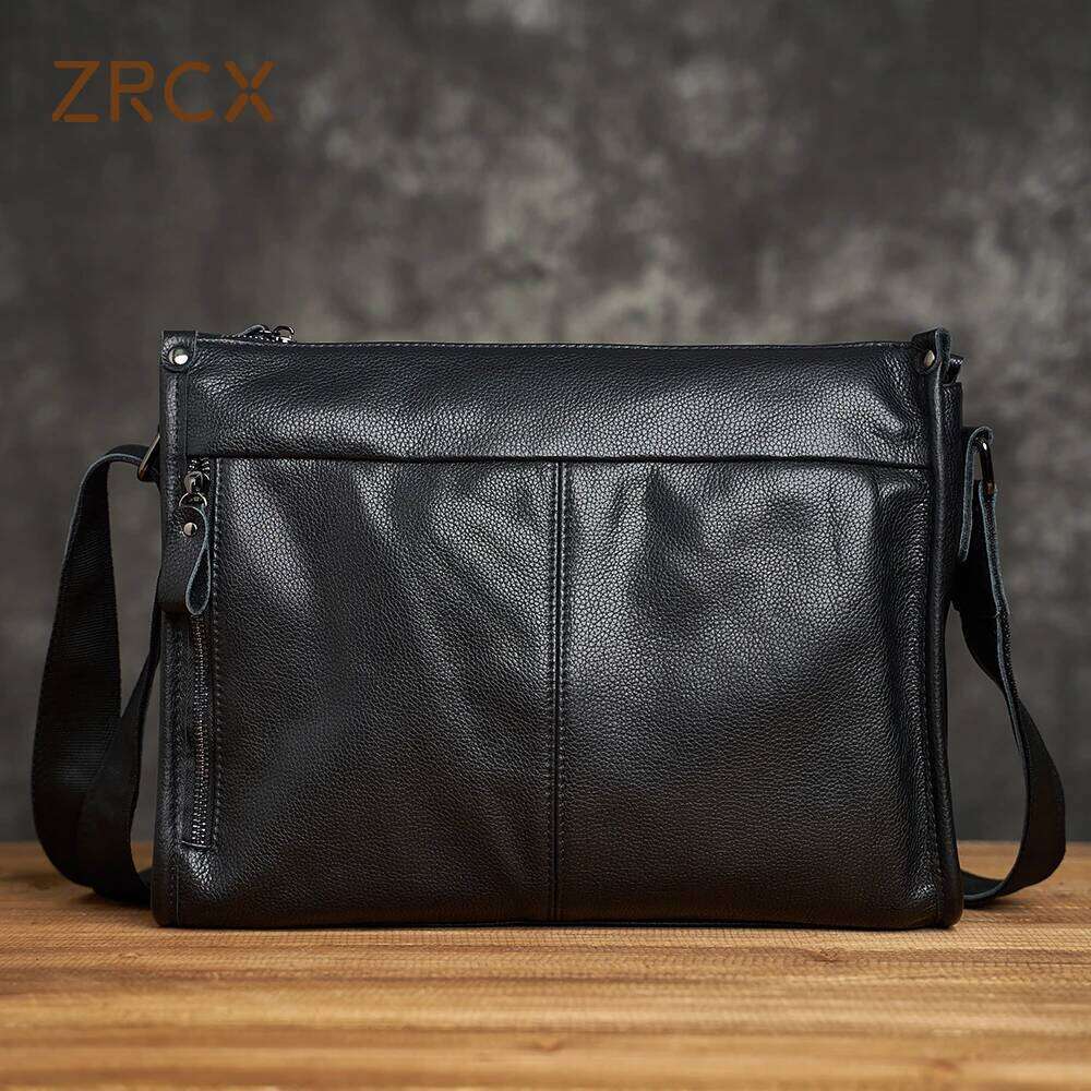 ZRCX Men's Soft Leather Shoulder Head Layer Cowhide Casual Simple Business Messenger Bag Horizontal Large-Capacity