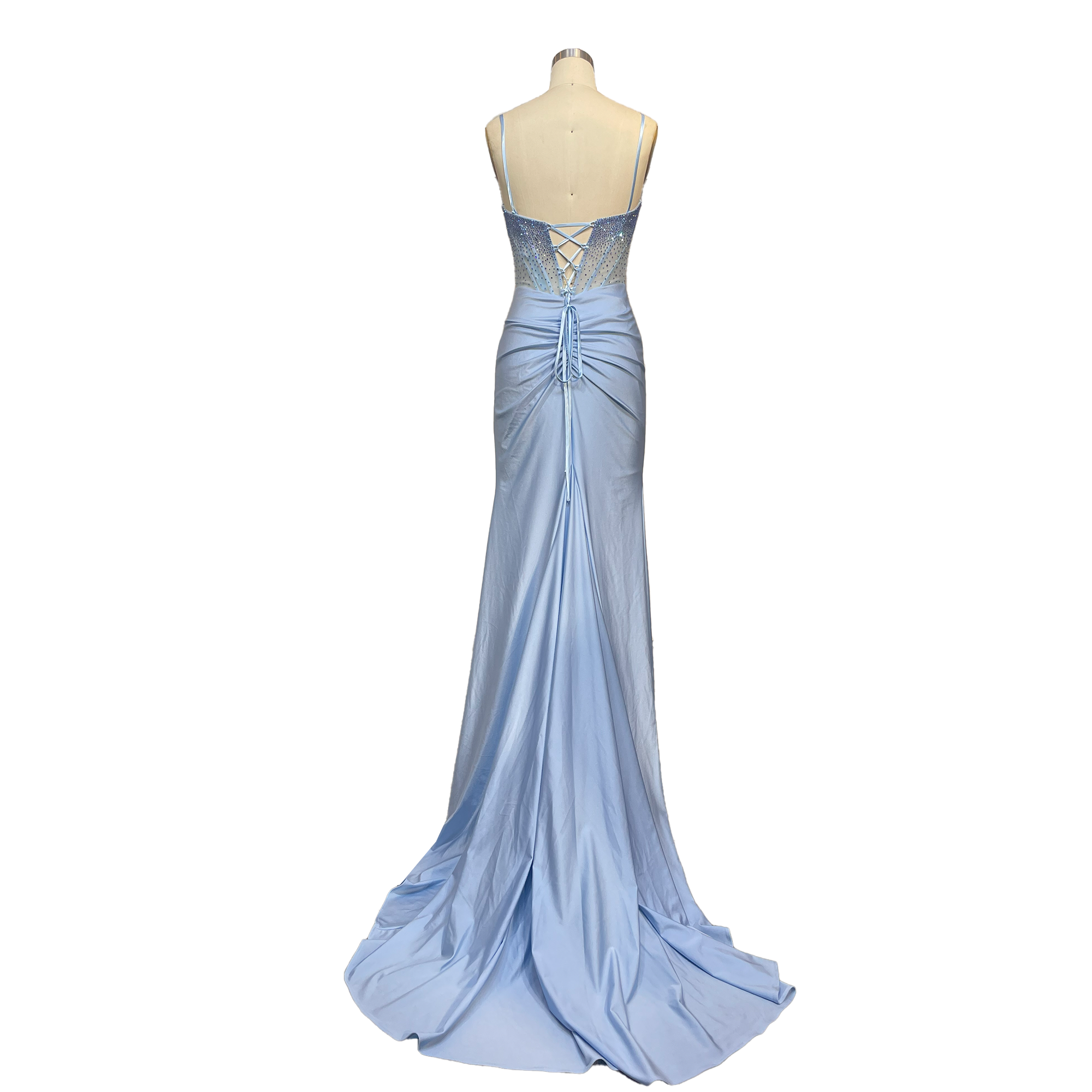 Light Blue Sequin-Embellished Spaghetti Strap Mermaid Evening Gown with High Slit