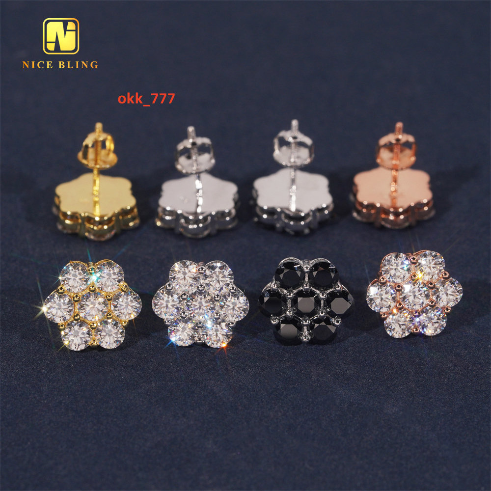 Pass Diamond Tester Cluster Screw Back Ear Studs 12mm Iced Out Hip Hop Jewelry 925 Silver VVS Moissanite Stud Earring for Women