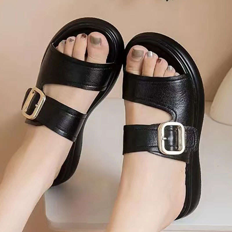 2025 New Top Layer Cowhide Sole Maternity Slippers Beach Soft Leather Fairy Style One-Strap Sandals for Women Summer Outdoor Wear