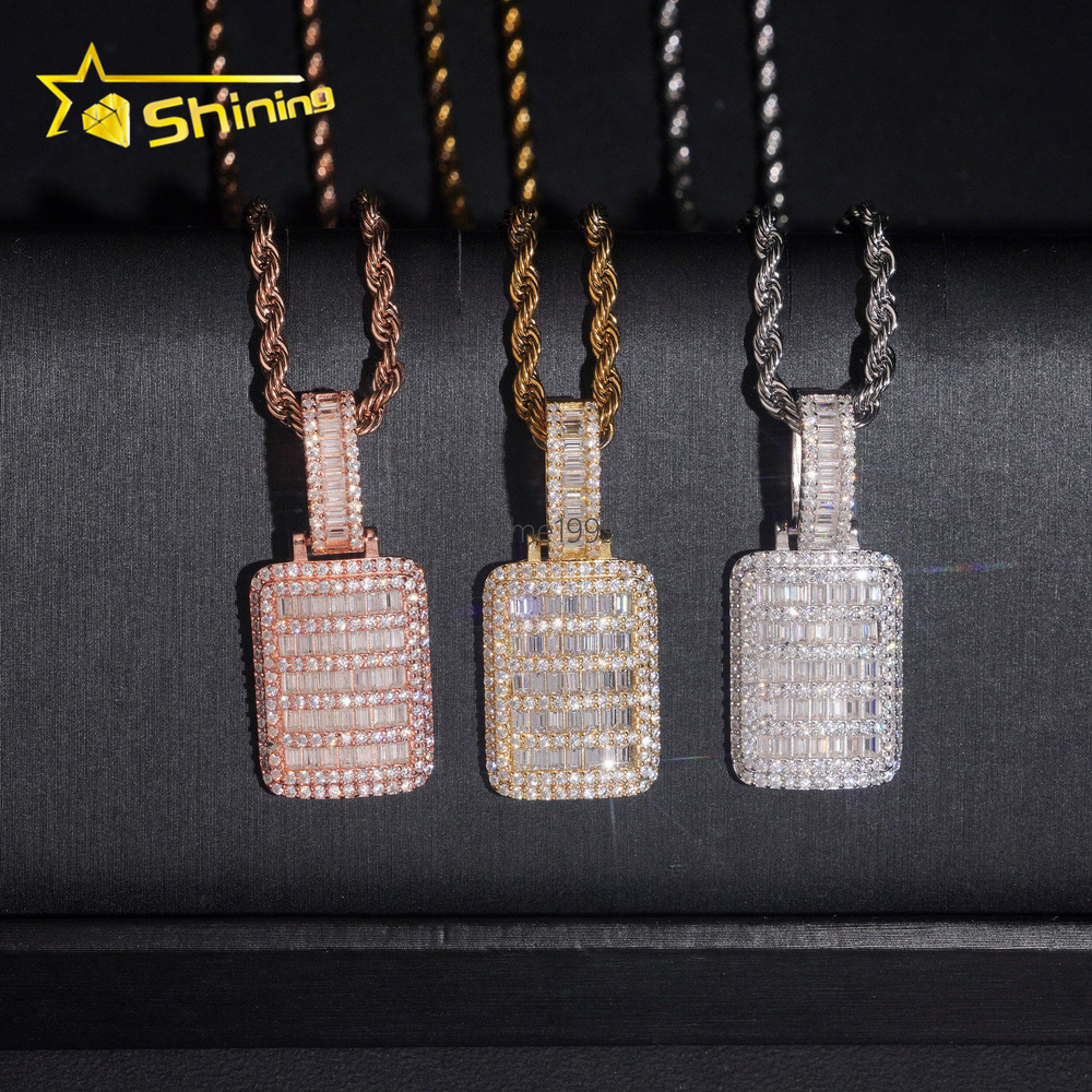 Iced Out Baguette Mossanite Tag Pendant 925 Sterling Silver VVS Moissanite Diamond Pendant Fine Jewelry Ready to Ship