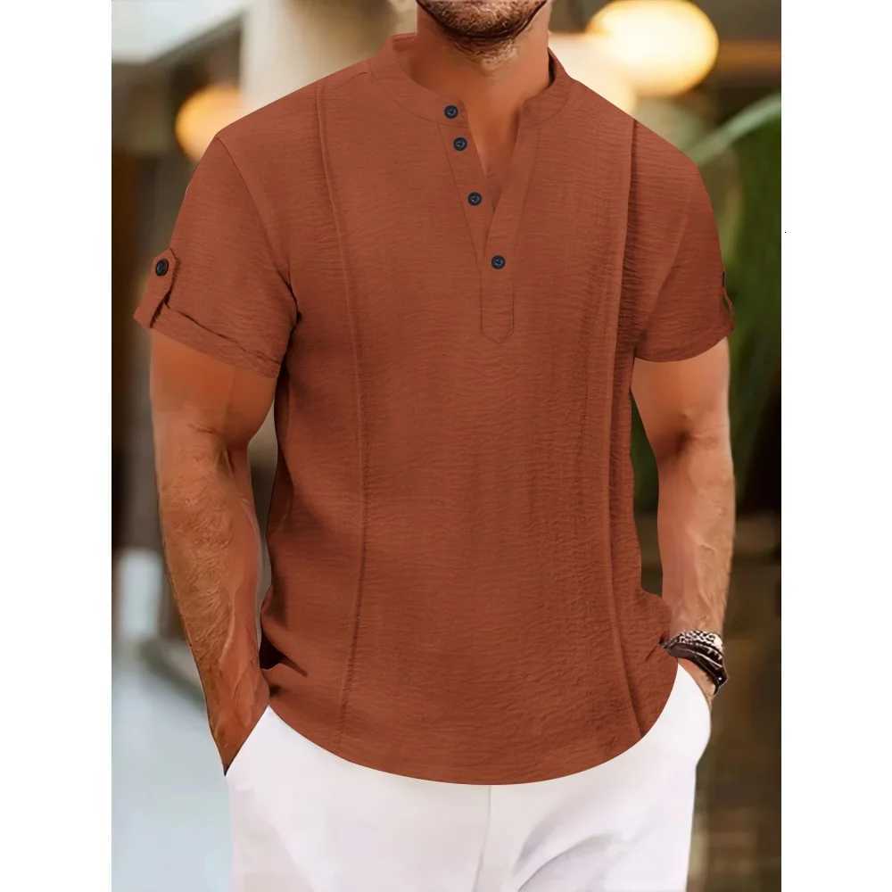 Mens summer new style standing collar short-sLeeved Shirts double button front casual outdoor beach wind solid color Tops Y250819