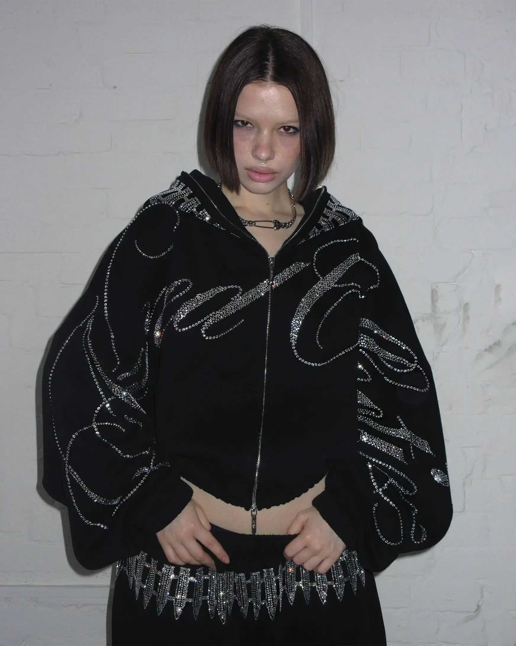 Hip Hop Letters Shine Rhinestone Oversized Zipper Sweatshirt Casual Jacket Vintage 2000s Cropped Y2K Womens Hoodie C260120