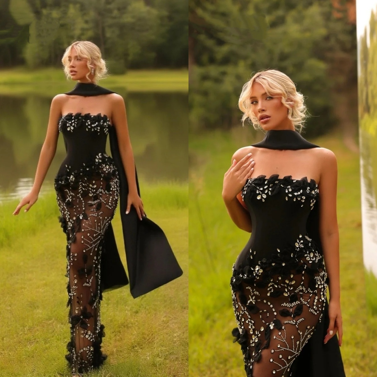 Sexy Rhinestone Evening Dresses Strapless Prom Gowns Illusion Beading Sleeveless Princess Sweep Train Customized Vestidos De Noche Plus Size