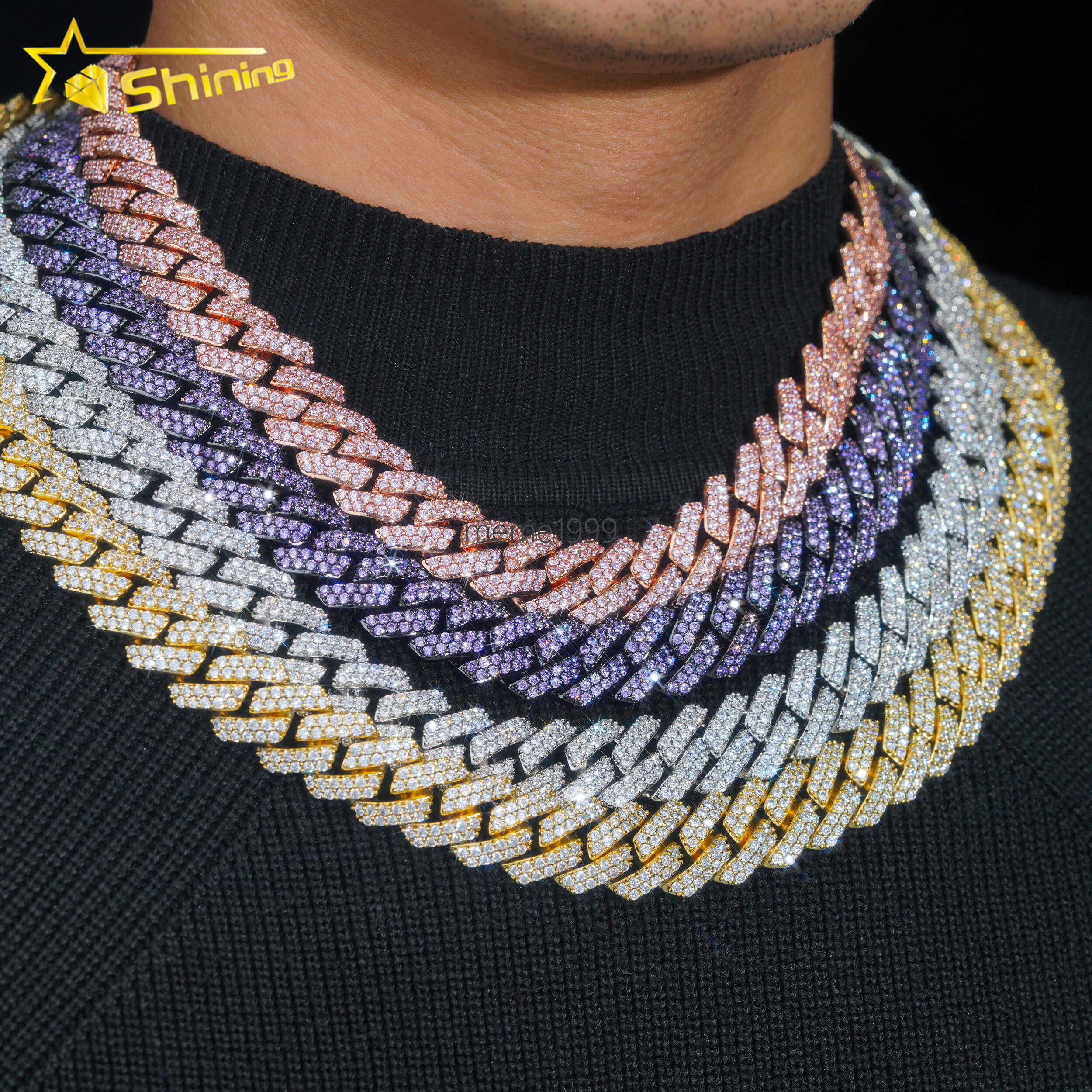 Iced Out 15mm Miami Cuban Link Necklace Brass moissanite Diamond Cuban Chains Colorful moissanite moissaniteia Necklaces for Men