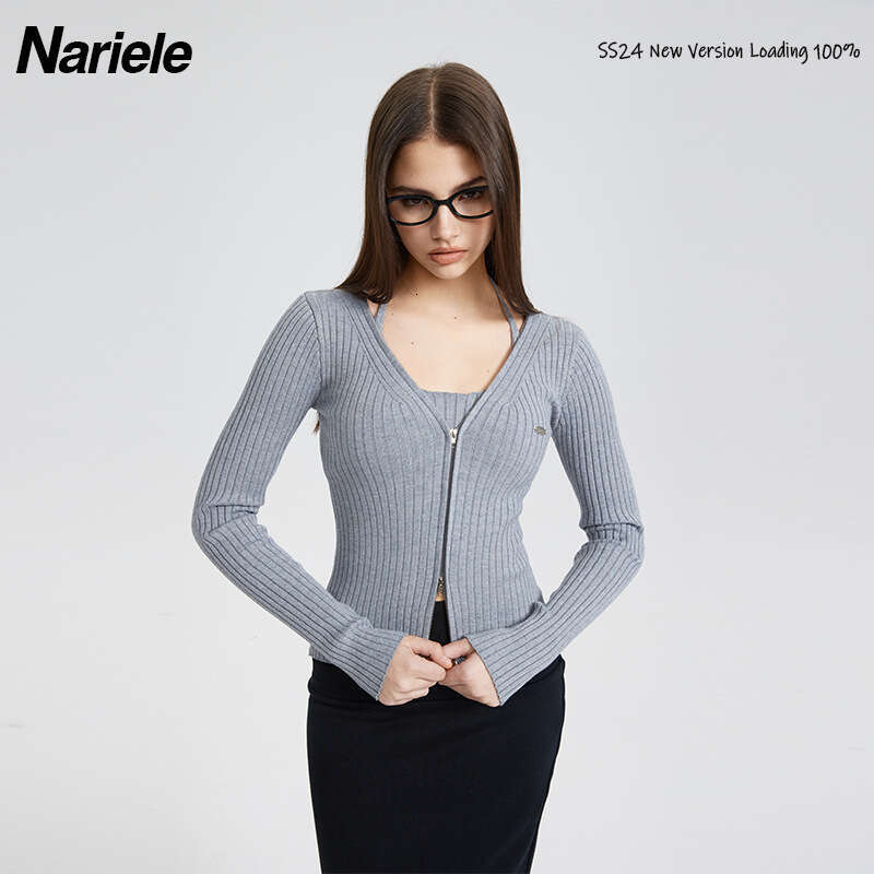 Heyhenry Autumn Style Hot Girl V-Neck Solid Color Fake Two-Piece Slim Halter Neck Long Sleeve Knitted Sweater For Women B5