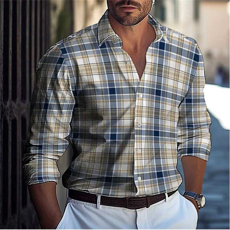 Hawaiian Mens Shirts Blue Plaid Color Block Button Up Shirts Casual Summer Beach Shirts Long Sleeve Lapel Comfortable Clothing Y250819