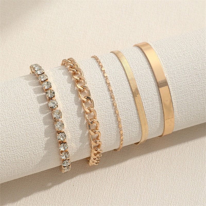 Elegant Gold & Diamonds 5-Piece Combined Bracelets - Chic Minimalist Jewelry Collection