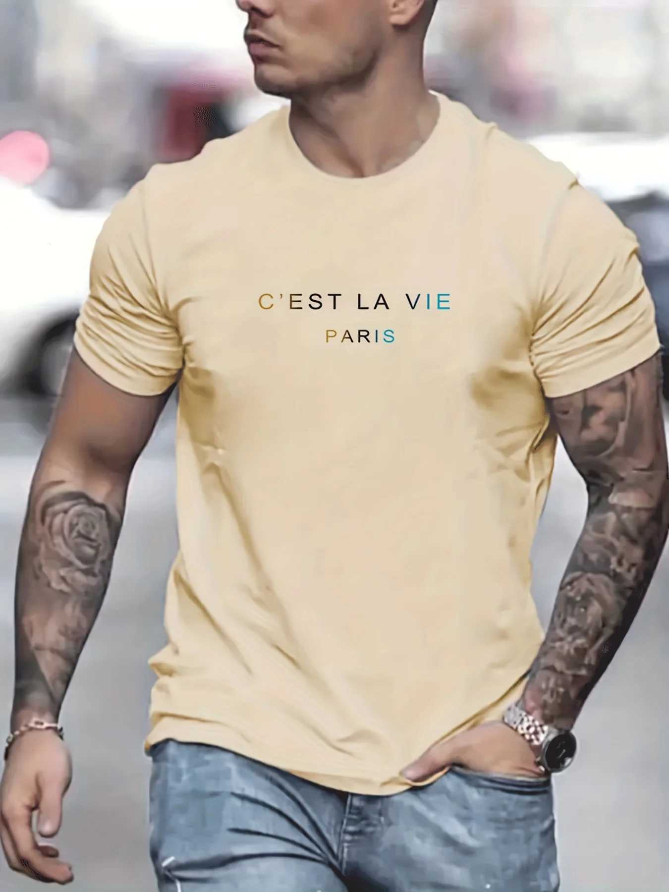 Mens summer 100% pure cotton fashionable casual sports loose Paris letter printed round neck short sleeved T-shirt top Y250819