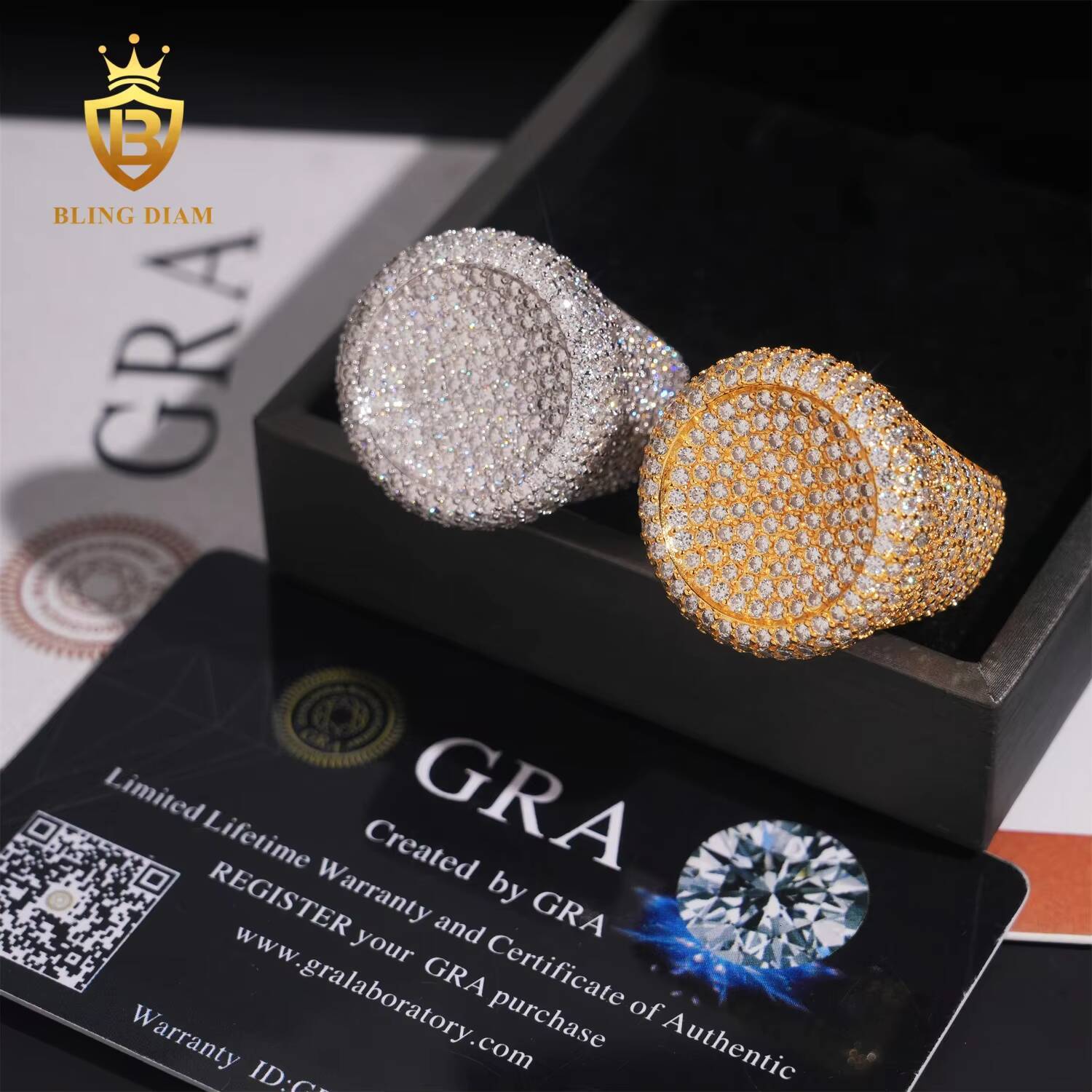 Hip Hop Jewelry S925 Sterling Silver Gold Plated Ice Out Vvs Moissanite Pass Diamond Tester Round Rings Trendy for Men