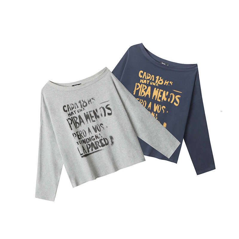 Heyhenry Hot Girl Style Asymmetrical Neck Design Letter Print Long Sleeve Top Women Loose Versatile T-Shirt B5