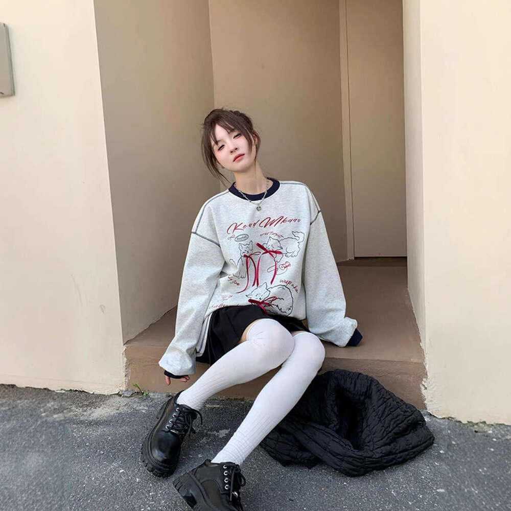 Cartoon Cat Print Bow Long Sleeve Sweatshirt for Women, New Autumn Design, Color-Block Lazy Style Loose Top