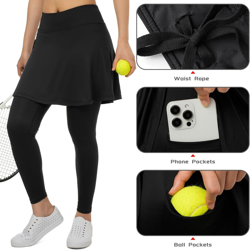 Xioker Women Skirted Pockets,Tennis Skirts with Leggings Yoga Skorts Capris(Black Full Length 5XL-1)