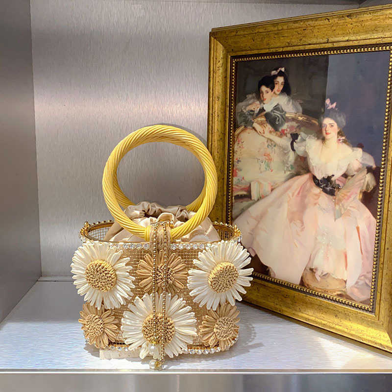 Sunflower Birdcage Handmade Hollow Shiny Rhinestone Beaded Chain Basket Bucket Handbag