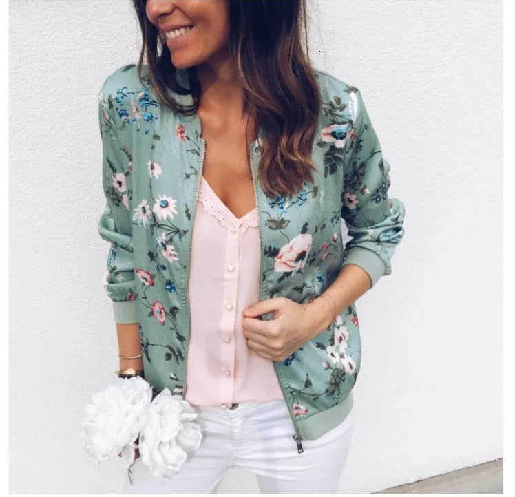 Women Elegant Zipper Bomber Jacket Spring Autumn Floral Printed Jackets Office Wear Slim Coat Retro Outwear 250815