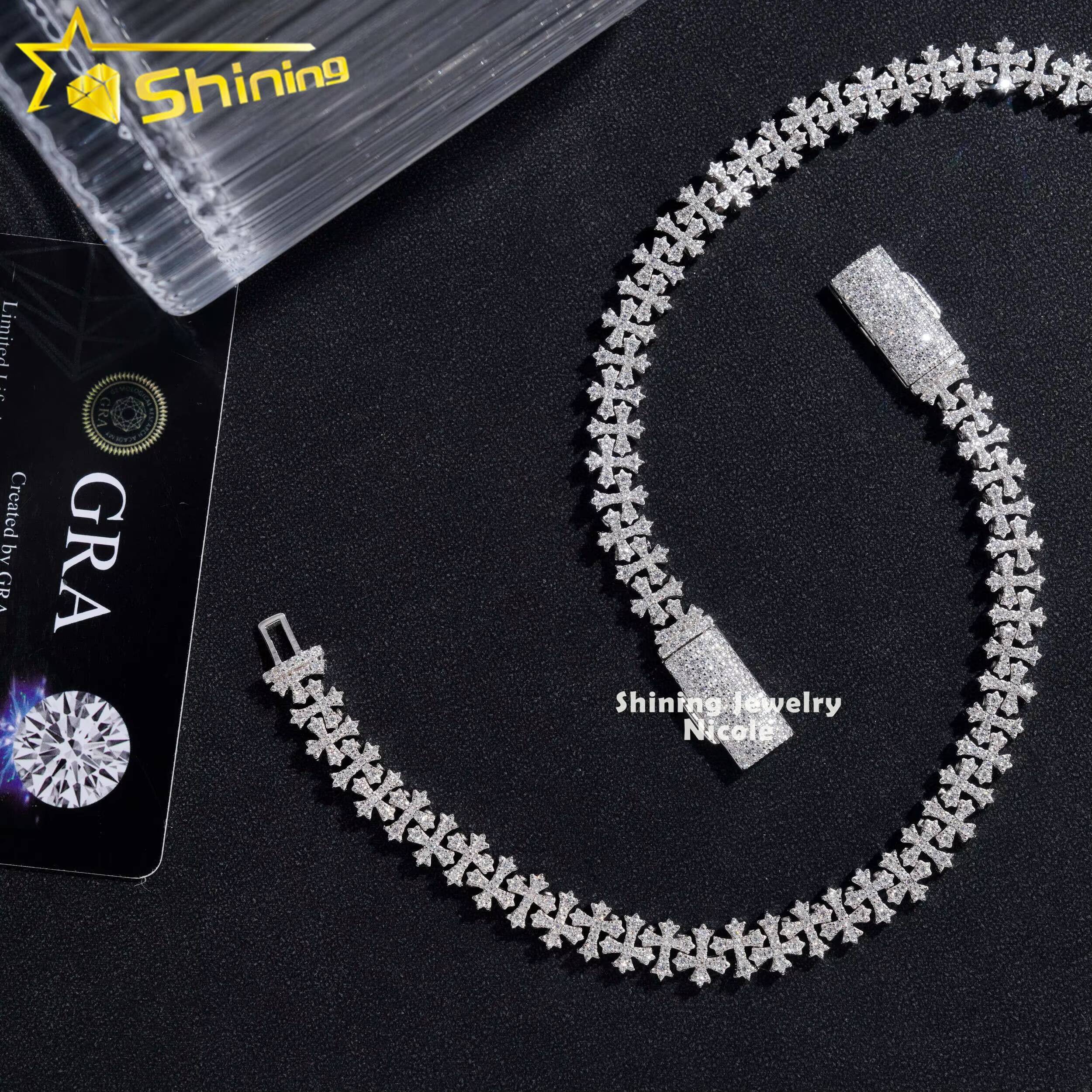 Wholesale Price 925 Sterling Silver GRA Certificate 8MM Cross Moissanite Diamond Cuban Link Chain Bracelet
