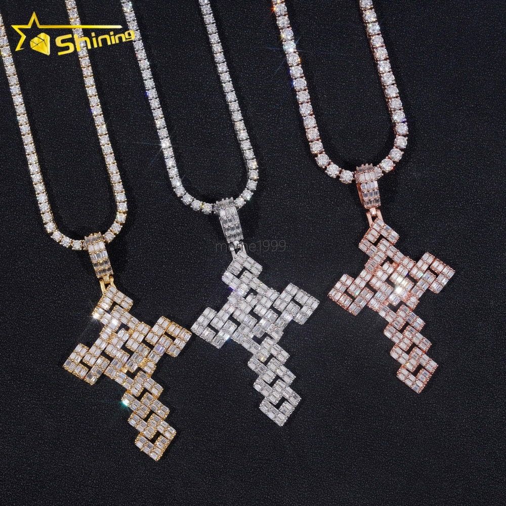 GRA Hip Hop Jewelry 925 Sterling Silver Gold Plated Iced Out VVS Baguette Custom Moissanite Pendant Cross