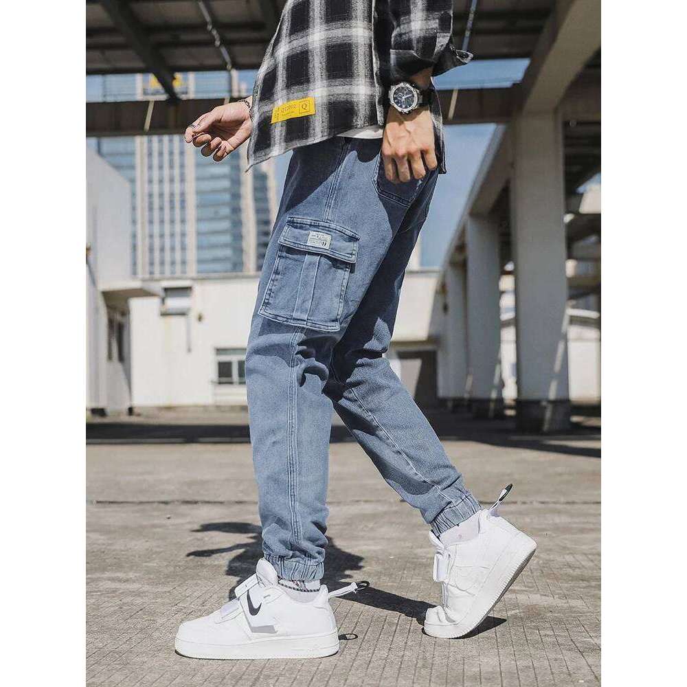 Spring Autumn Men's Jeans Multi-Pockets Work Wear Cargo Pants Black Blue Elastic Waist Denim Joggers Big Size Jean Trousers 8XL