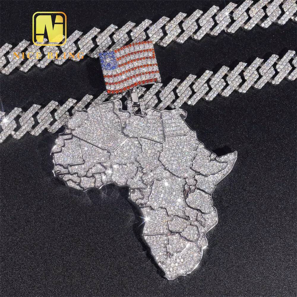 Hip Hop Style Large Africa Map Custom Iced Out Big Moissanite Diamond 925 Silver Pendant for Men Moissanite Pendant