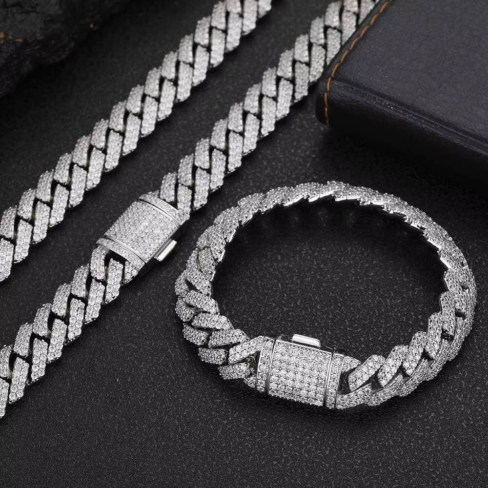 NUOYA Hiphop Hight Quality VVS Moissanite Prong Cuban Link Chain Necklace 12mm 925 Silver Cuban Chain Men Jewelry