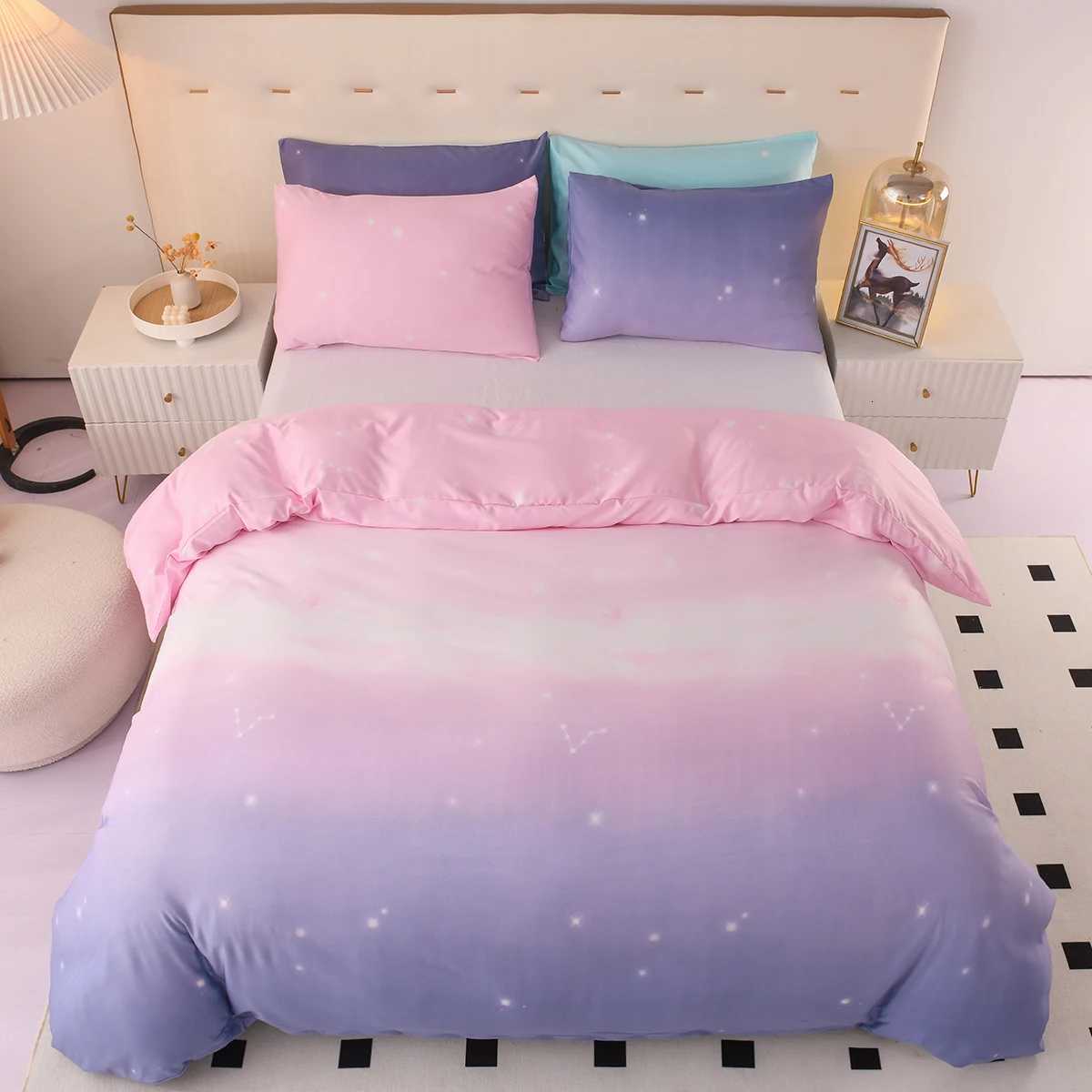 3pcs Fantasy Pink and Purple Gradient Duvet Cover Set Microfiber Galaxy Bedding Set Starry Sky Print Quilt Cover For Girls Room Y250819