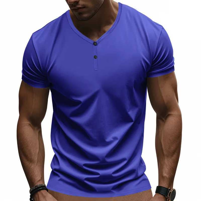 Summer Mens pure color self-cultivation V-neck T-shirt Men casual Quick Drying Breathable Sports Vintage henry Short Sleeve top Y250819